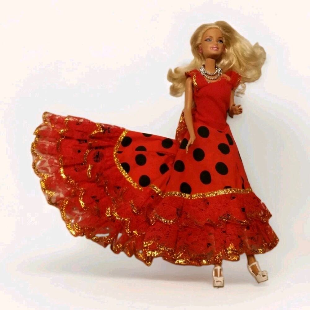 2009 Barbie I Can Be A Bride Doll Red Flamenco Spanish Dress White Heels EUC